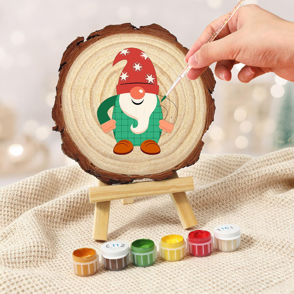 Starry-Hat Gnome in Green Plaid paint by numbers wood slice – image 5