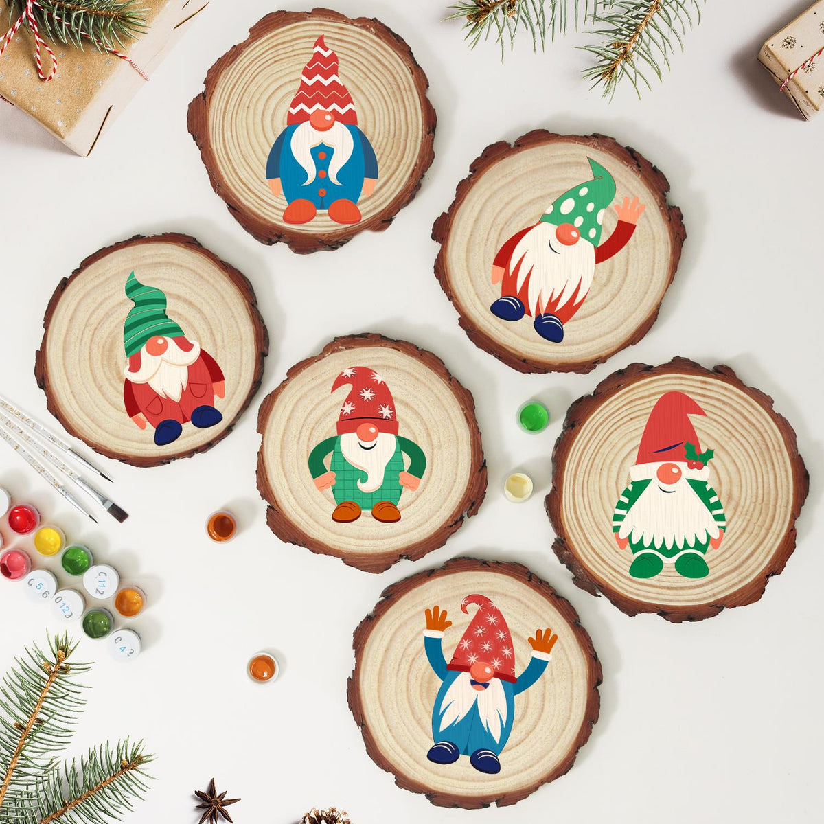Starry-Hat Gnome in Green Plaid paint by numbers wood slice – image 10