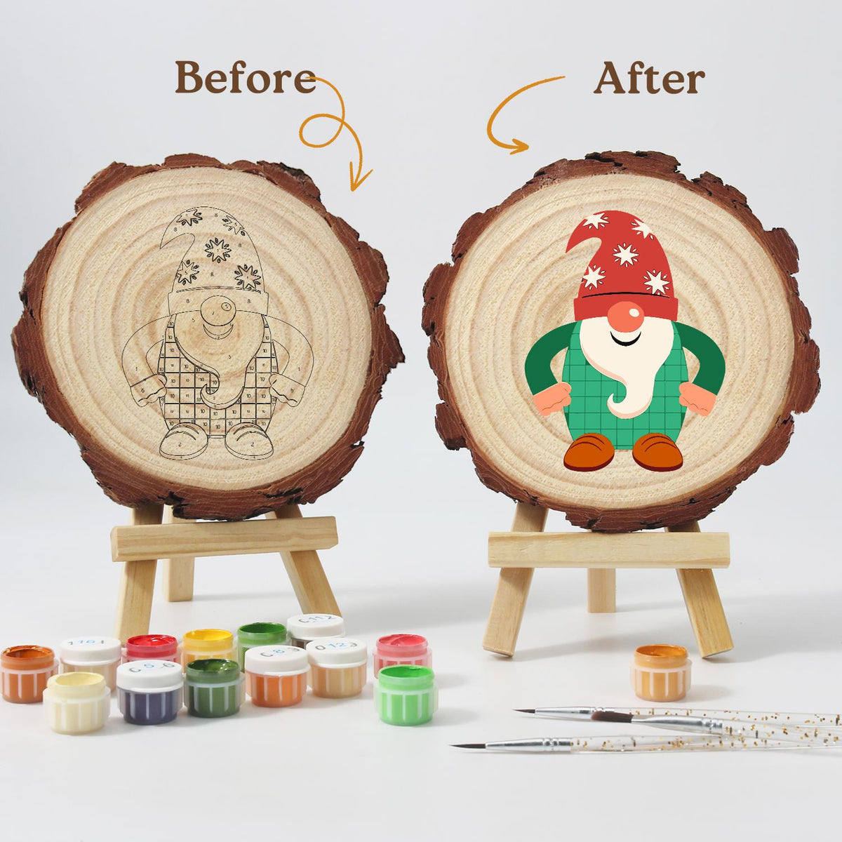 Starry-Hat Gnome in Green Plaid paint by numbers wood slice – image 12