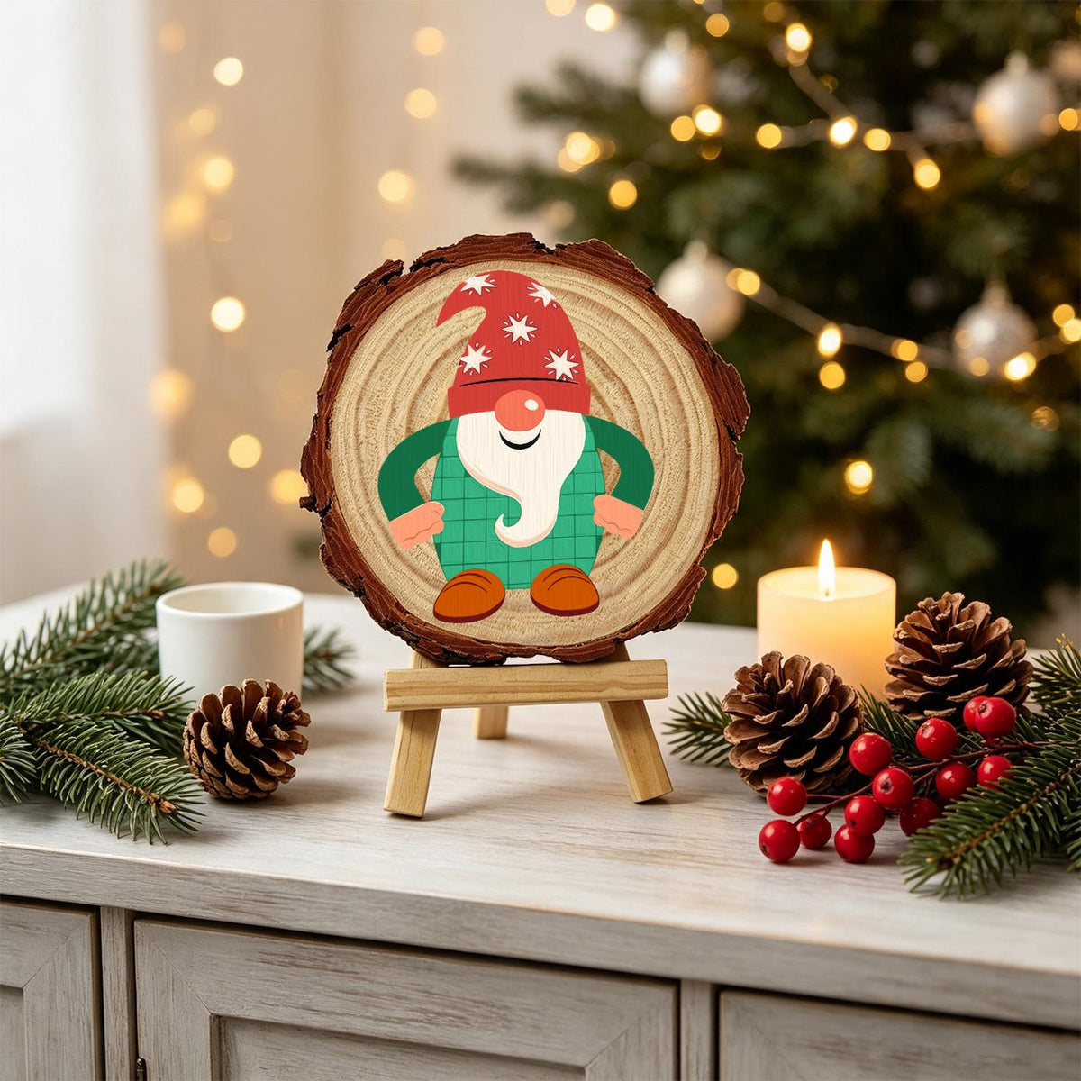 Starry-Hat Gnome in Green Plaid paint by numbers wood slice – image 19