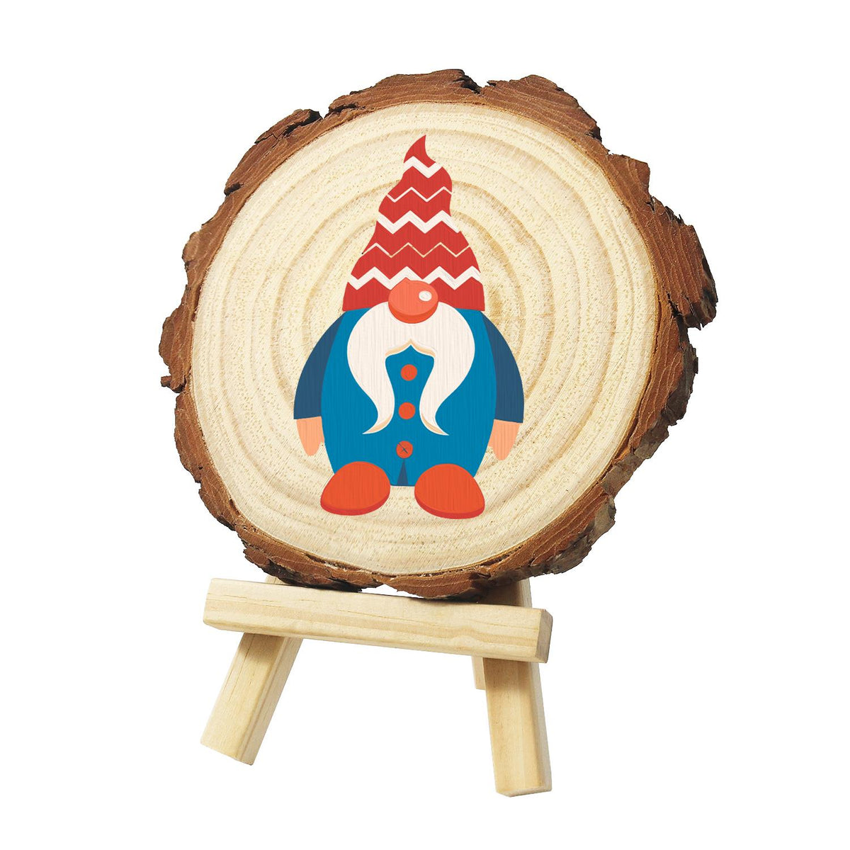 Gnome in a Blue Buttoned Coat paint by numbers wood slice – Gnome in a red and white zigzag knit hat, blue coat with red buttons and a big white moustache, painted on a pine slice on a small easel