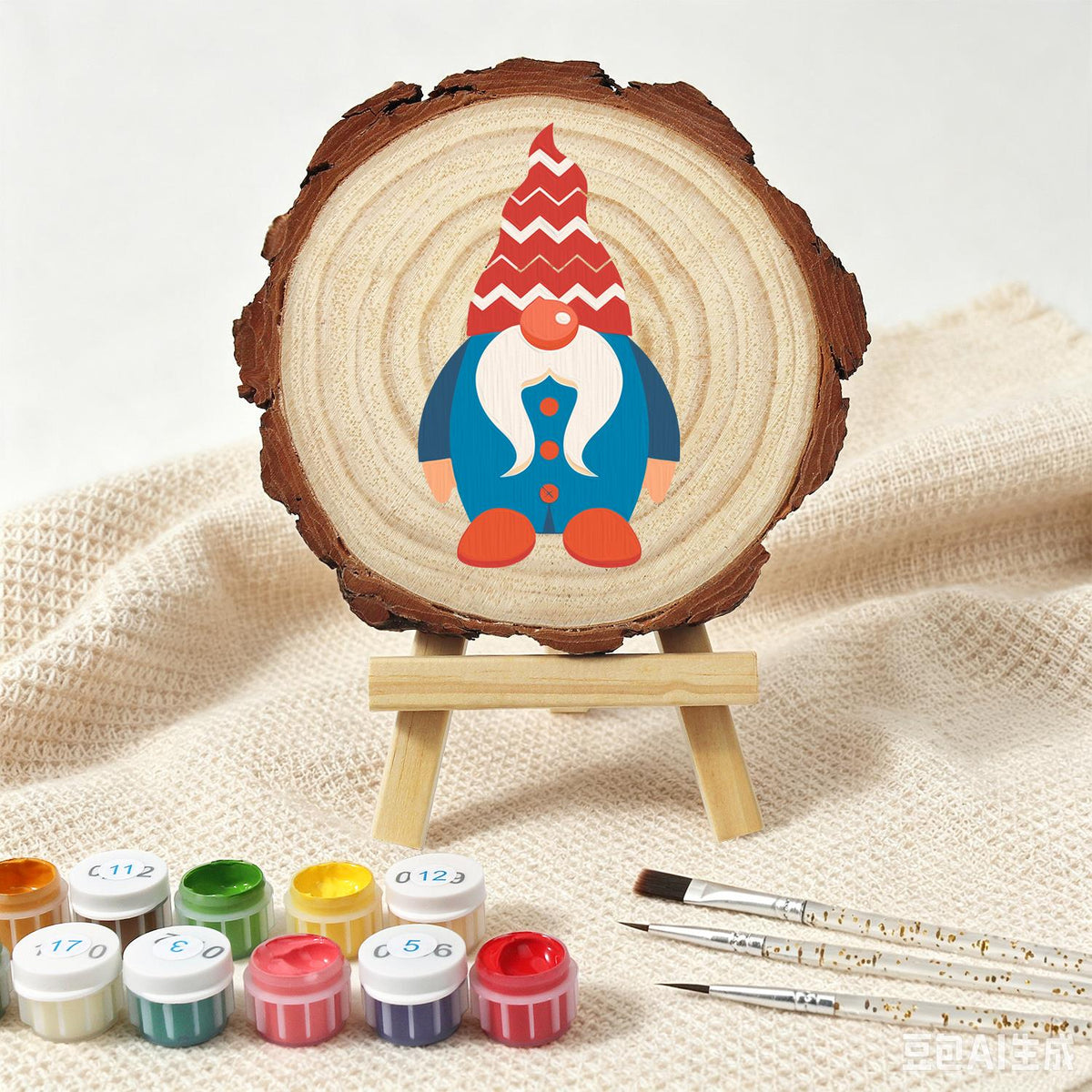 Gnome in a Blue Buttoned Coat paint by numbers wood slice – image 4