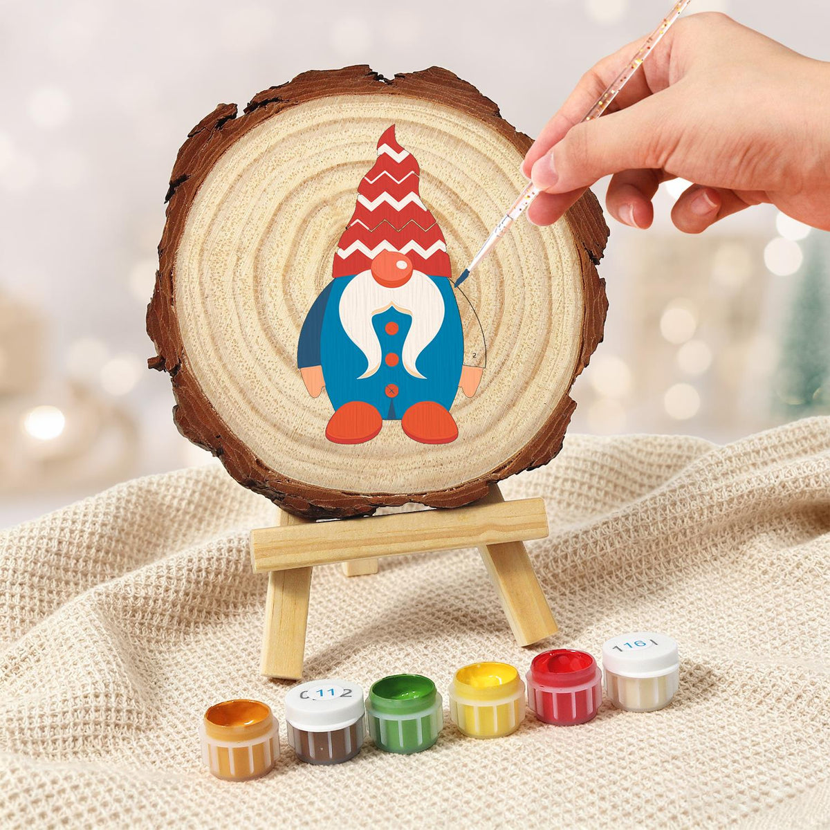 Gnome in a Blue Buttoned Coat paint by numbers wood slice – image 5