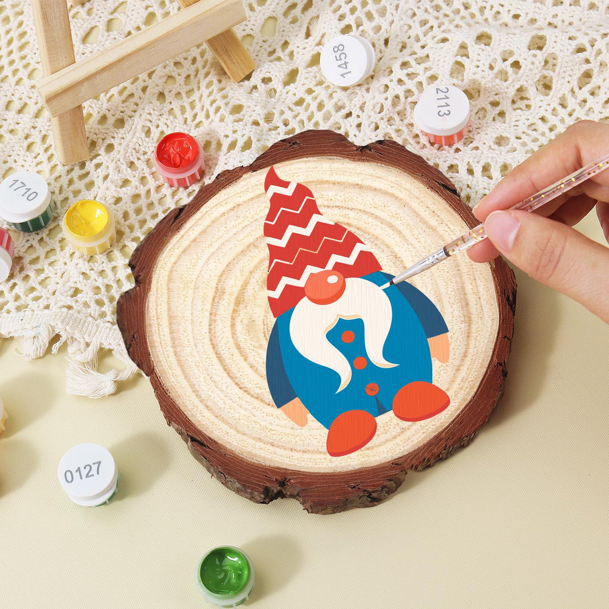 Gnome in a Blue Buttoned Coat paint by numbers wood slice – image 15
