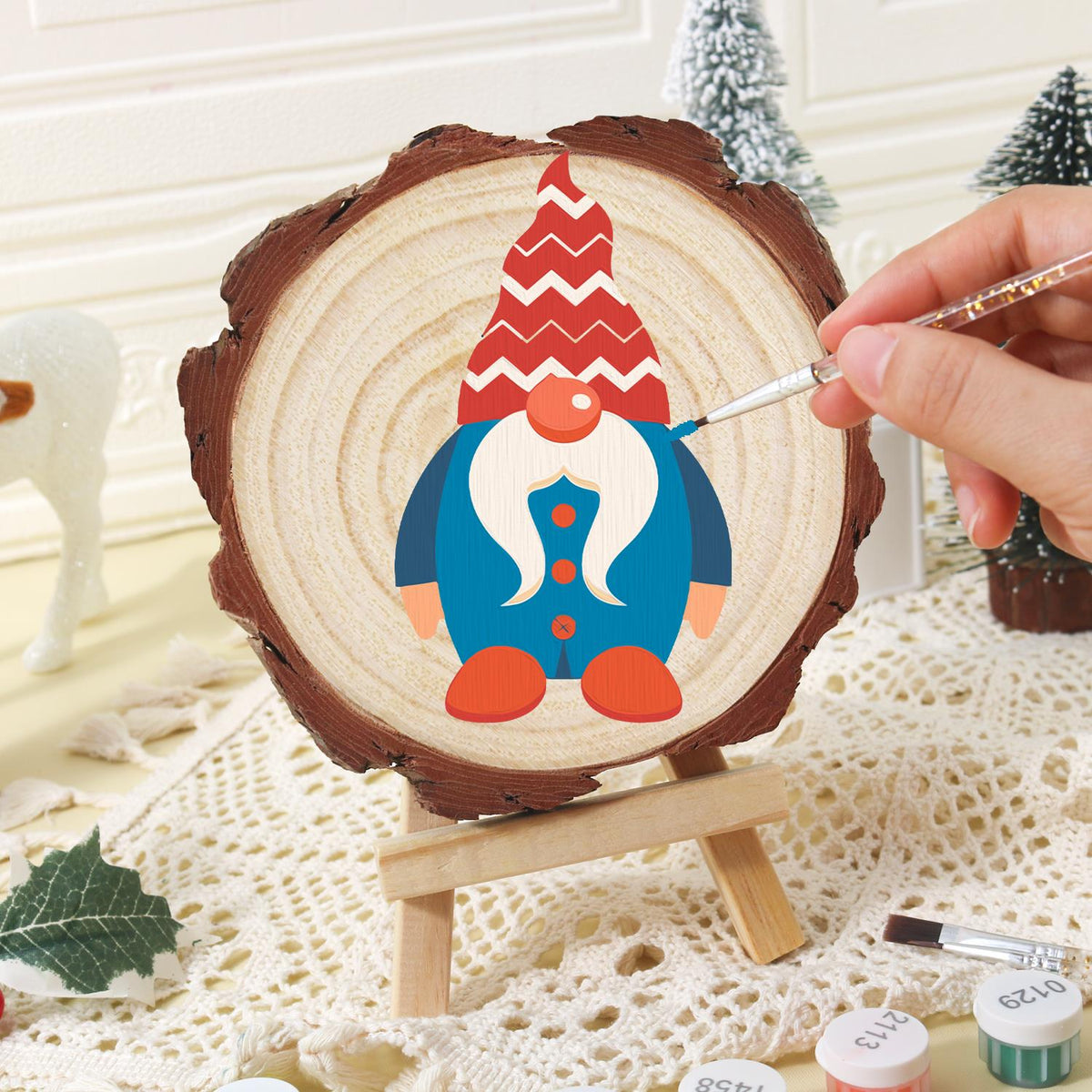 Gnome in a Blue Buttoned Coat paint by numbers wood slice – image 16