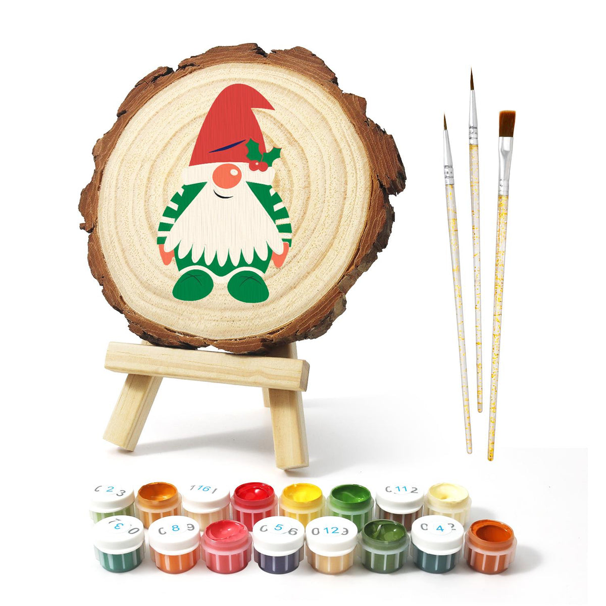 Holly-Hat Gnome in Green Stripes paint by numbers wood slice – image 2