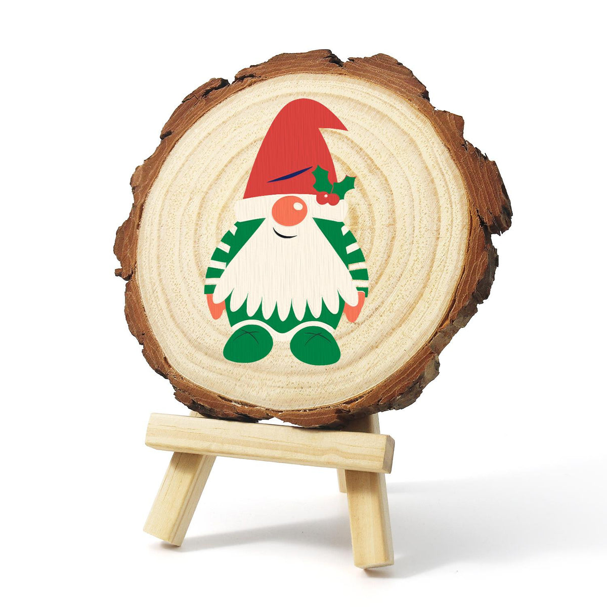 Holly-Hat Gnome in Green Stripes paint by numbers wood slice – image 3