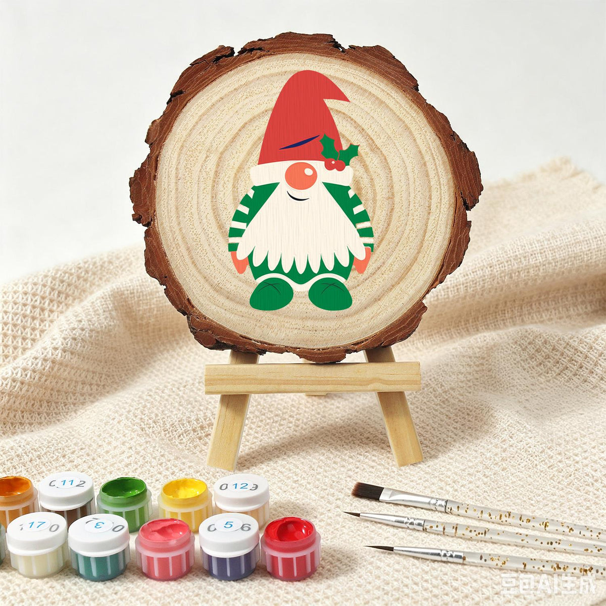 Holly-Hat Gnome in Green Stripes paint by numbers wood slice – image 4