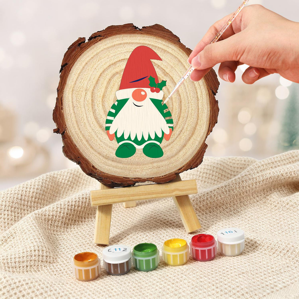 Holly-Hat Gnome in Green Stripes paint by numbers wood slice – image 5