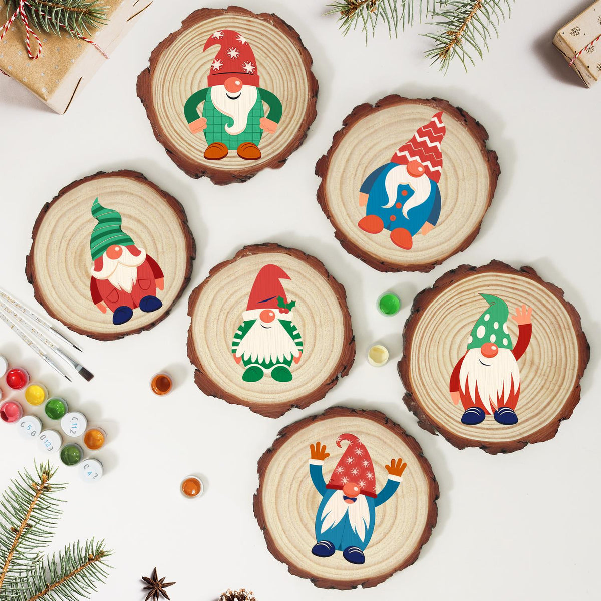 Holly-Hat Gnome in Green Stripes paint by numbers wood slice – image 10