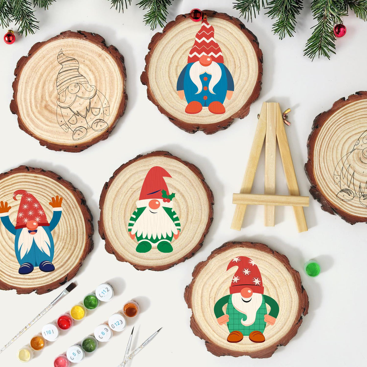 Holly-Hat Gnome in Green Stripes paint by numbers wood slice – image 11