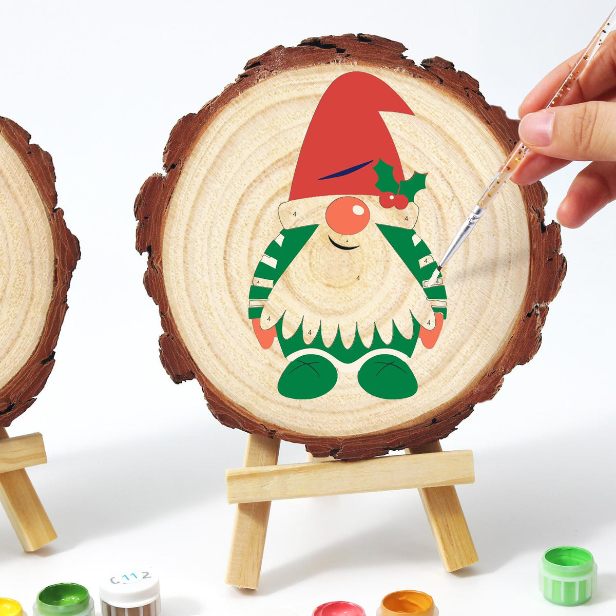 Holly-Hat Gnome in Green Stripes paint by numbers wood slice – image 13