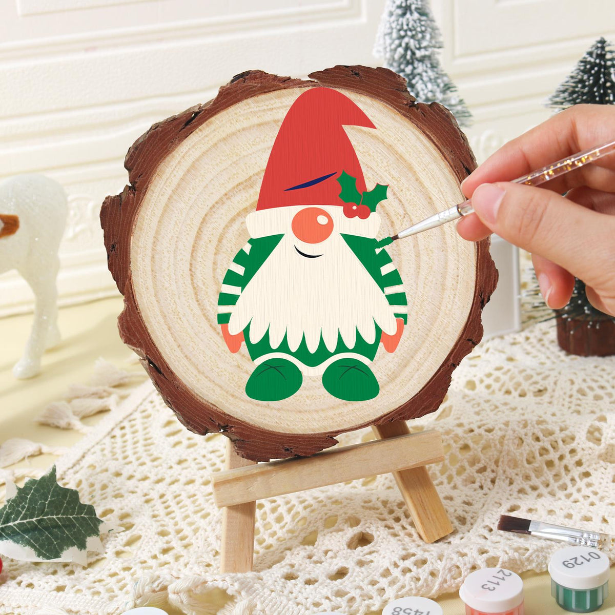 Holly-Hat Gnome in Green Stripes paint by numbers wood slice – image 16