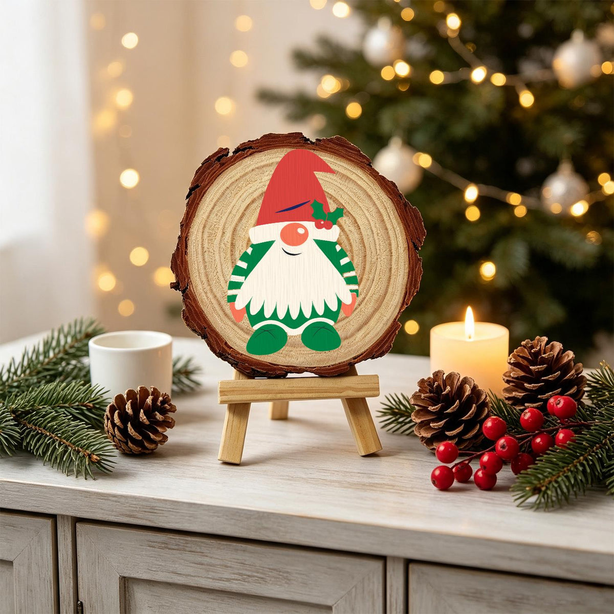 Holly-Hat Gnome in Green Stripes paint by numbers wood slice – image 19