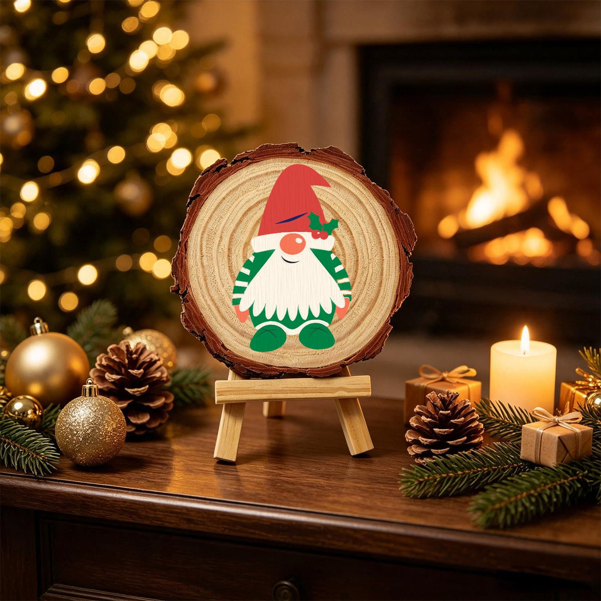 Holly-Hat Gnome in Green Stripes paint by numbers wood slice – image 20