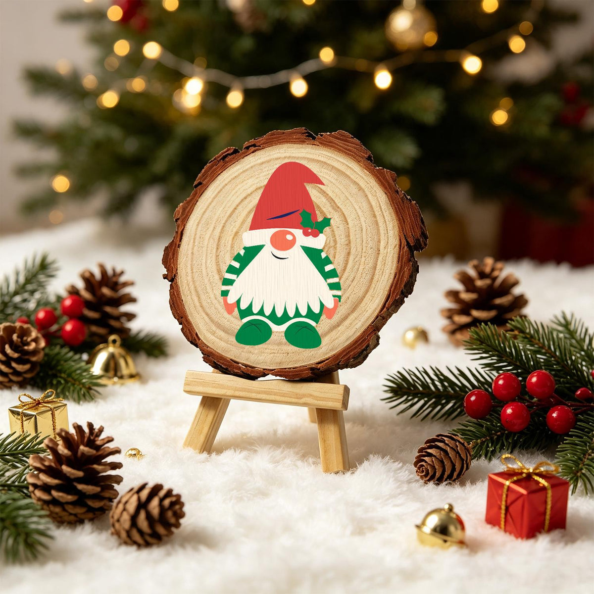 Holly-Hat Gnome in Green Stripes paint by numbers wood slice – image 21