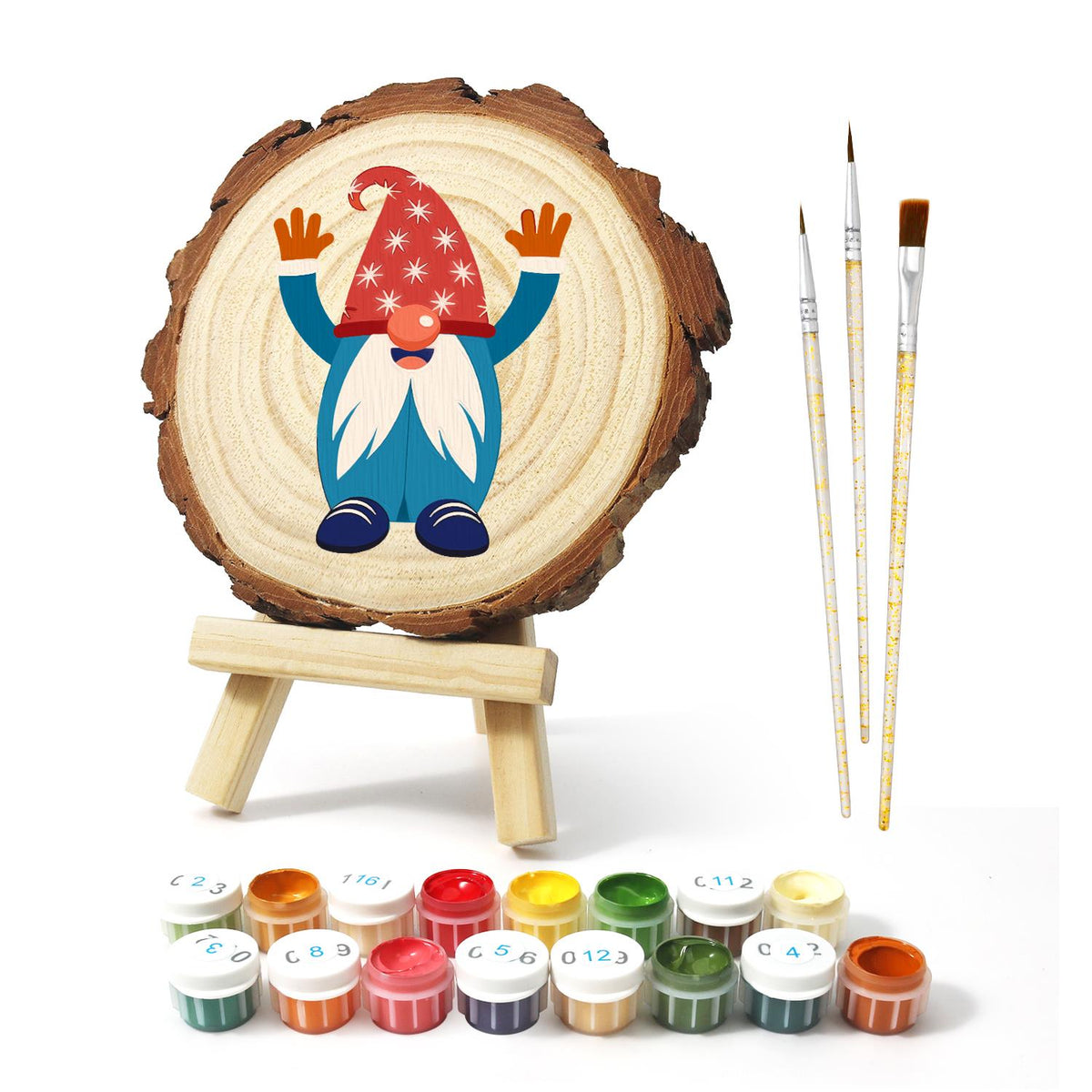 Hands-Up Gnome in a Starry Hat paint by numbers wood slice – image 2