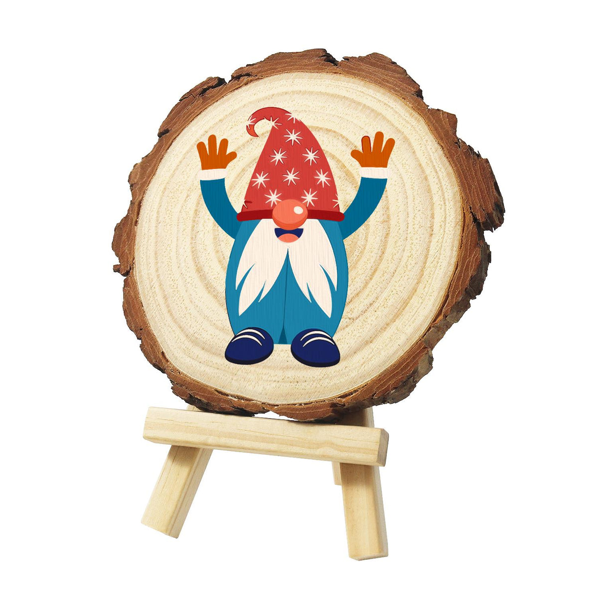 Hands-Up Gnome in a Starry Hat paint by numbers wood slice – Gnome in a red star-patterned hat and blue suit with a long white beard, raising orange-mittened hands, painted on a pine slice on a small easel
