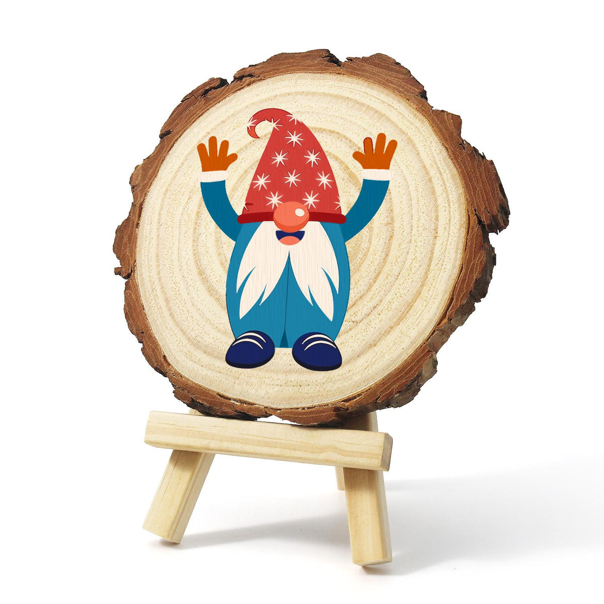 Hands-Up Gnome in a Starry Hat paint by numbers wood slice – image 3
