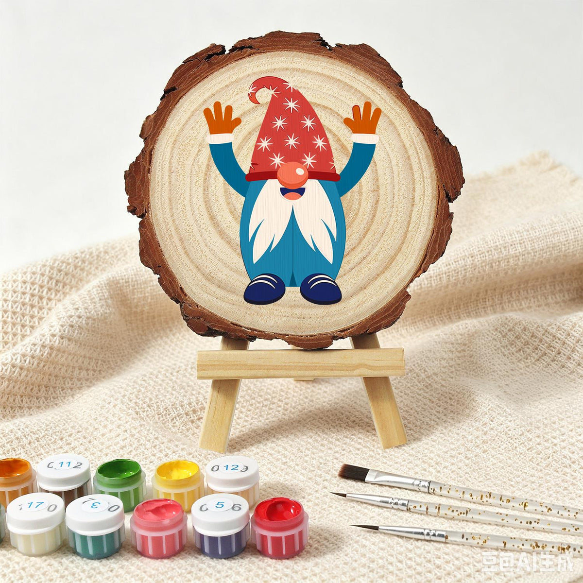 Hands-Up Gnome in a Starry Hat paint by numbers wood slice – image 4