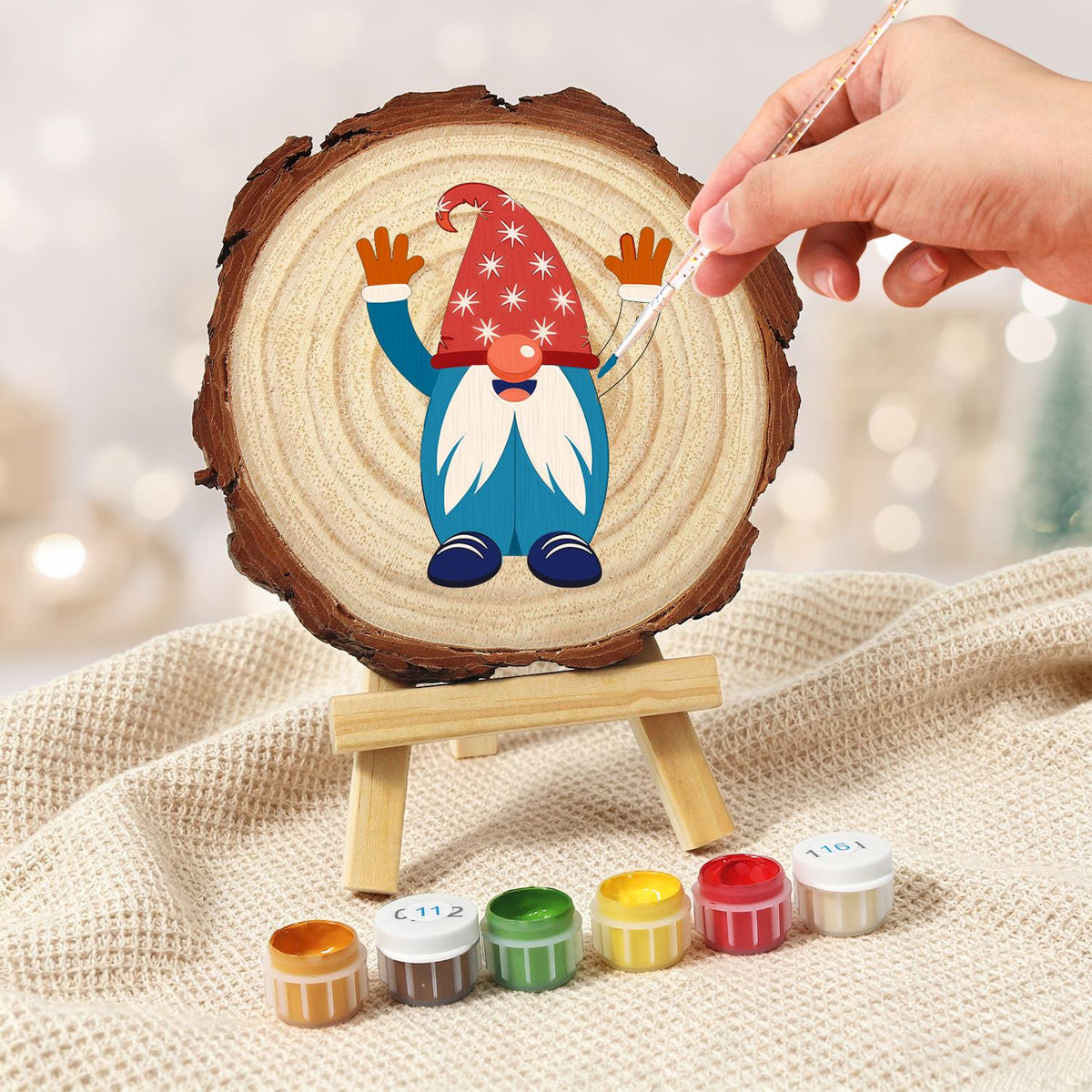 Hands-Up Gnome in a Starry Hat paint by numbers wood slice – image 5