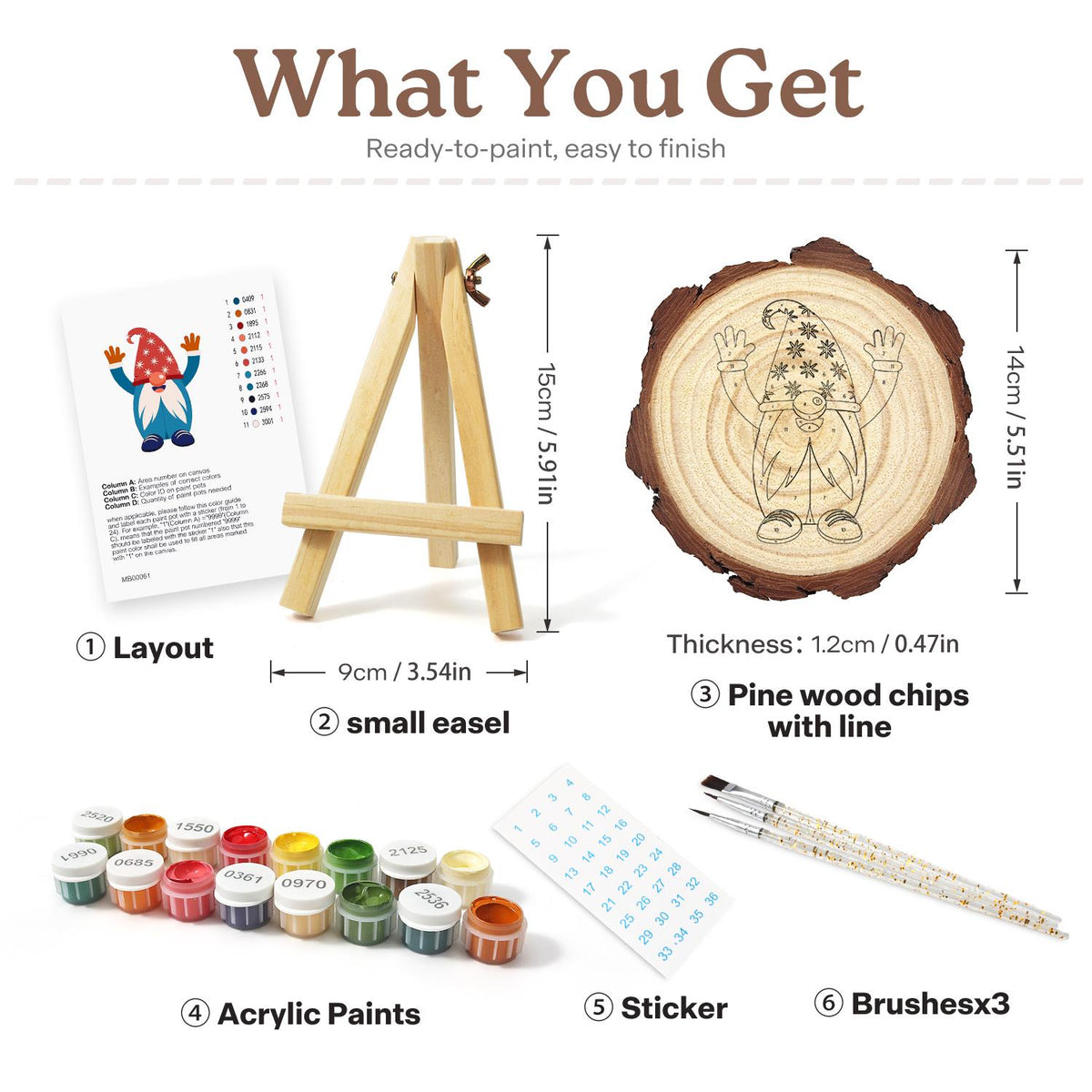 Hands-Up Gnome in a Starry Hat paint by numbers wood slice – what's in the kit: the pine slice, easel, numbered paints, brushes and layout sheet