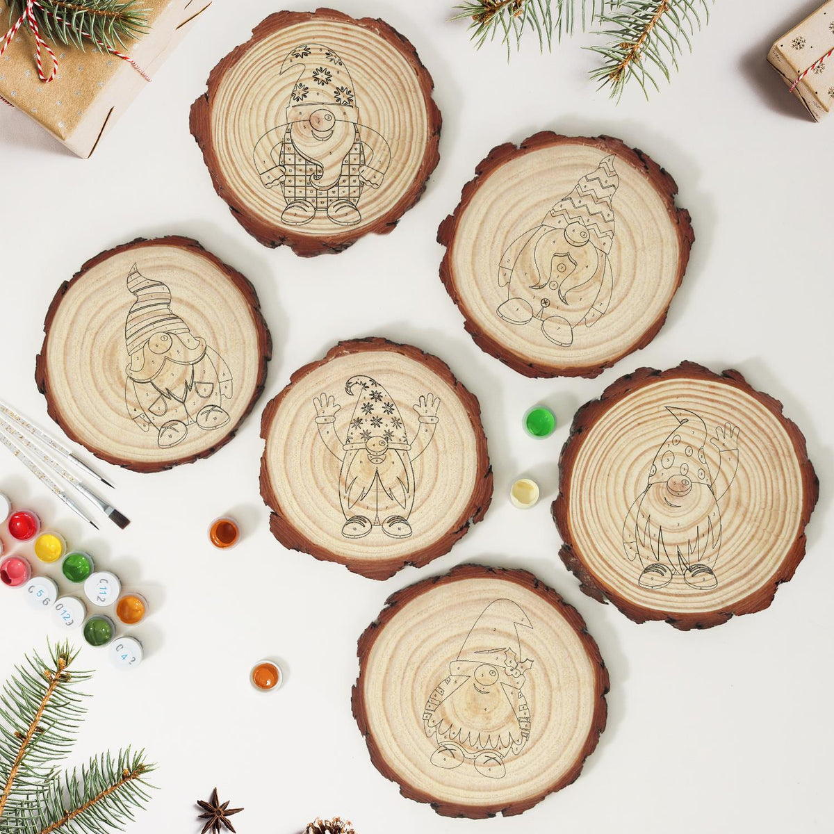 Hands-Up Gnome in a Starry Hat paint by numbers wood slice – image 9
