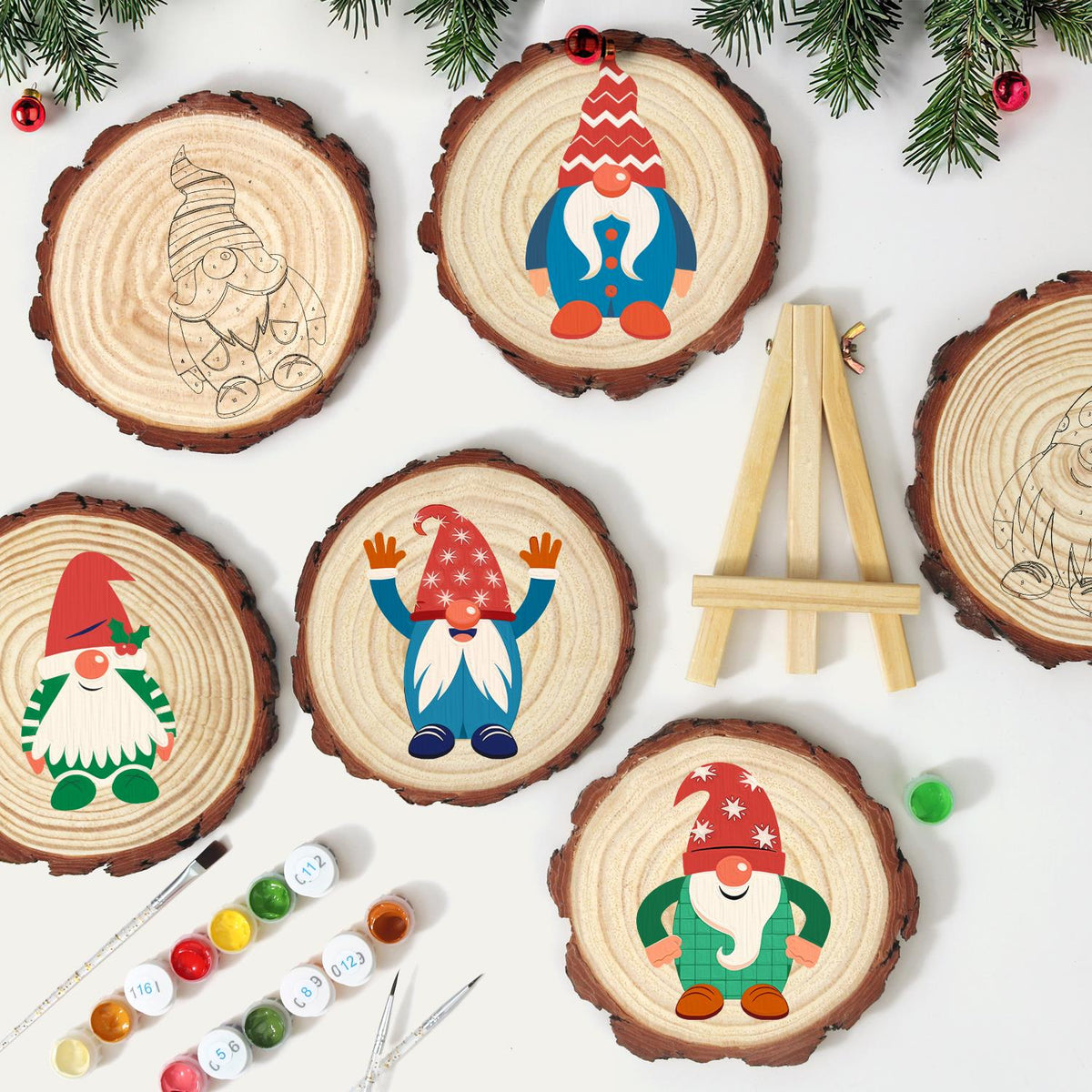 Hands-Up Gnome in a Starry Hat paint by numbers wood slice – image 11