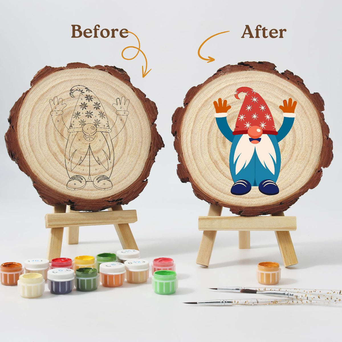 Hands-Up Gnome in a Starry Hat paint by numbers wood slice – image 12