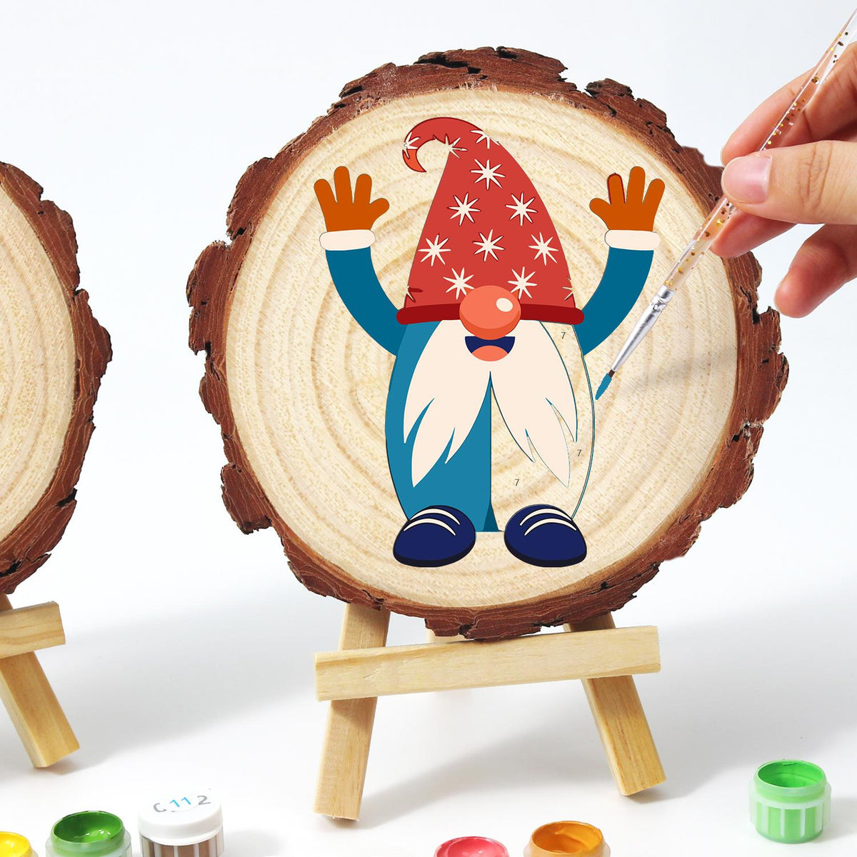 Hands-Up Gnome in a Starry Hat paint by numbers wood slice – image 13
