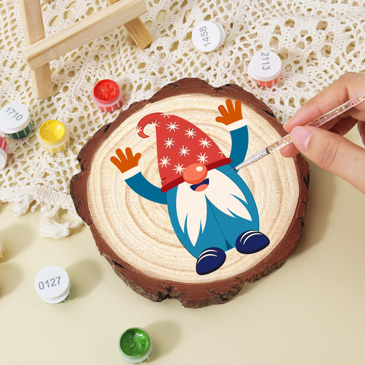 Hands-Up Gnome in a Starry Hat paint by numbers wood slice – image 15