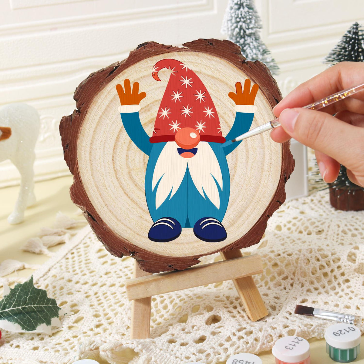 Hands-Up Gnome in a Starry Hat paint by numbers wood slice – image 16