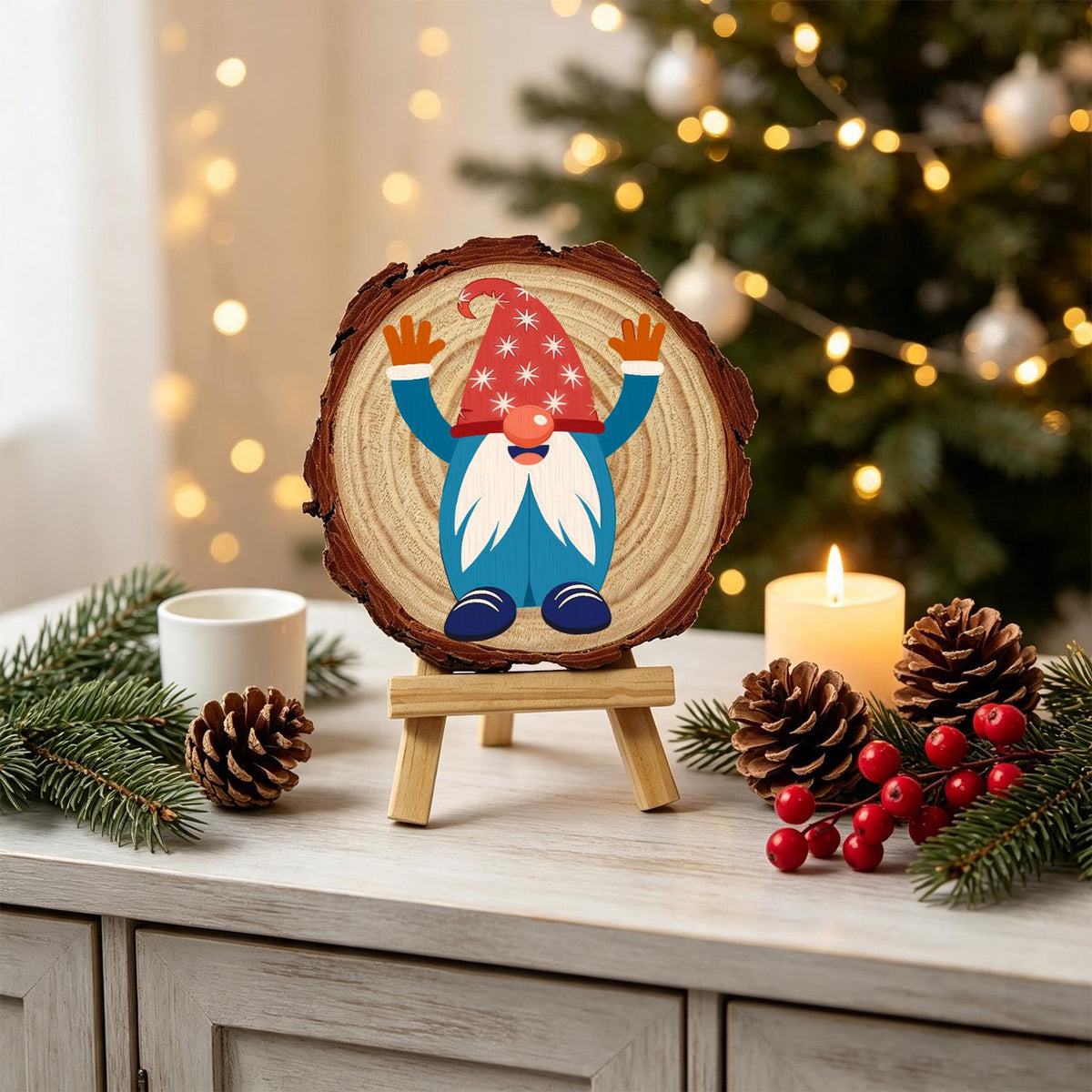 Hands-Up Gnome in a Starry Hat paint by numbers wood slice – image 19