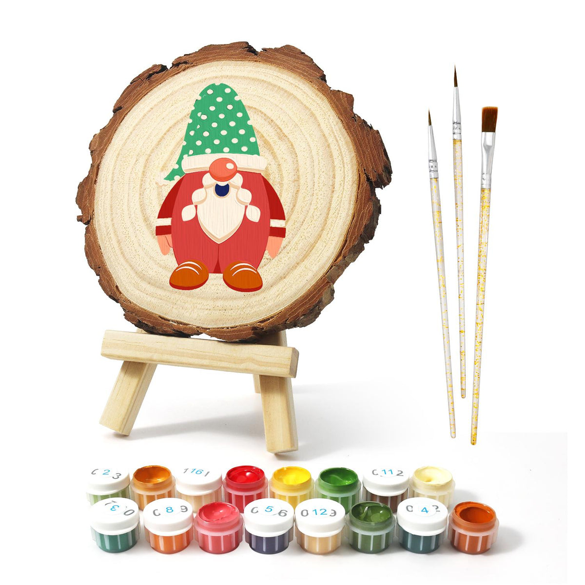 Gnome in a Green Polka-Dot Hat paint by numbers wood slice – image 2