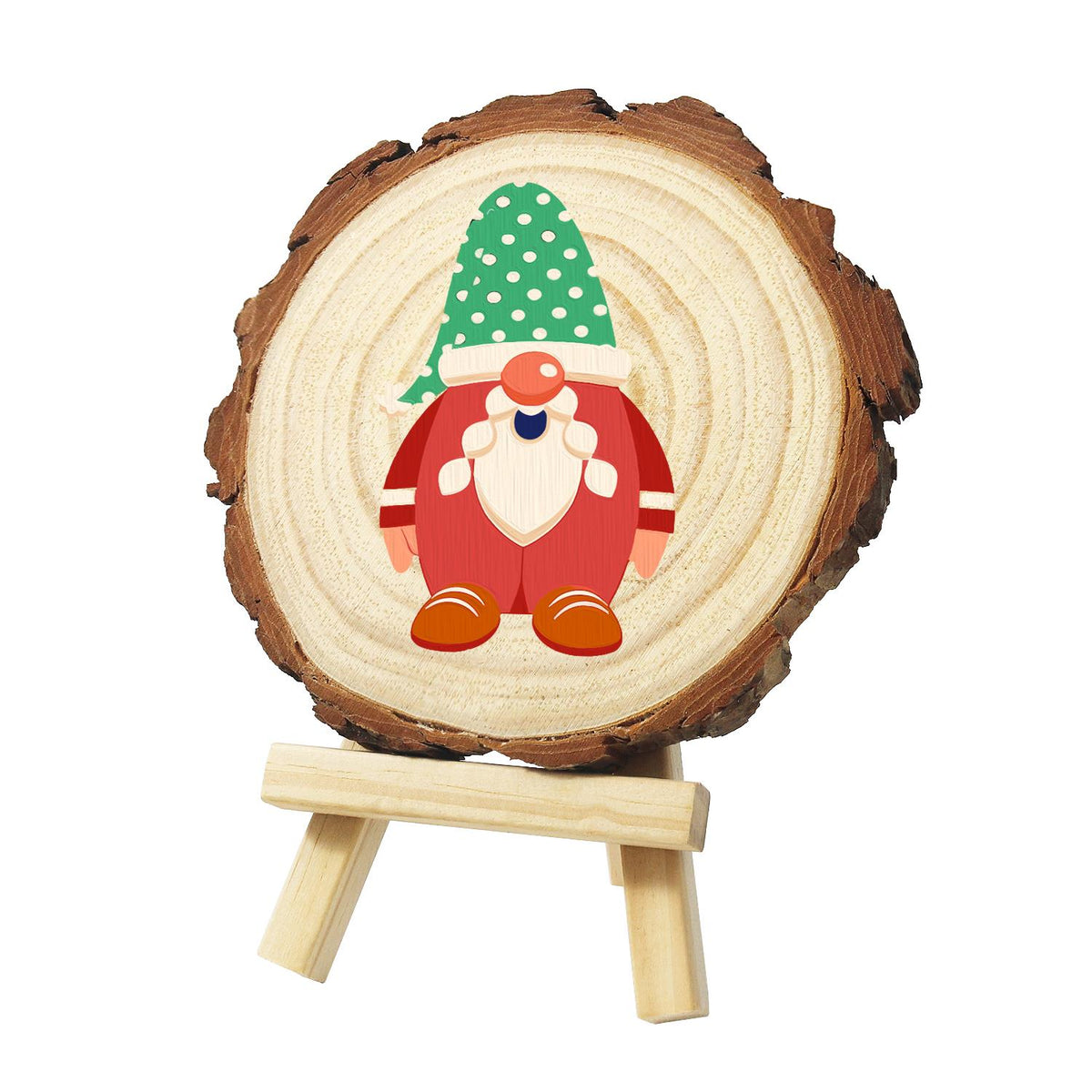 Gnome in a Green Polka-Dot Hat paint by numbers wood slice – Gnome with a green white-spotted hat, round pink nose, white beard, red outfit and orange boots, painted on a pine slice on a small easel