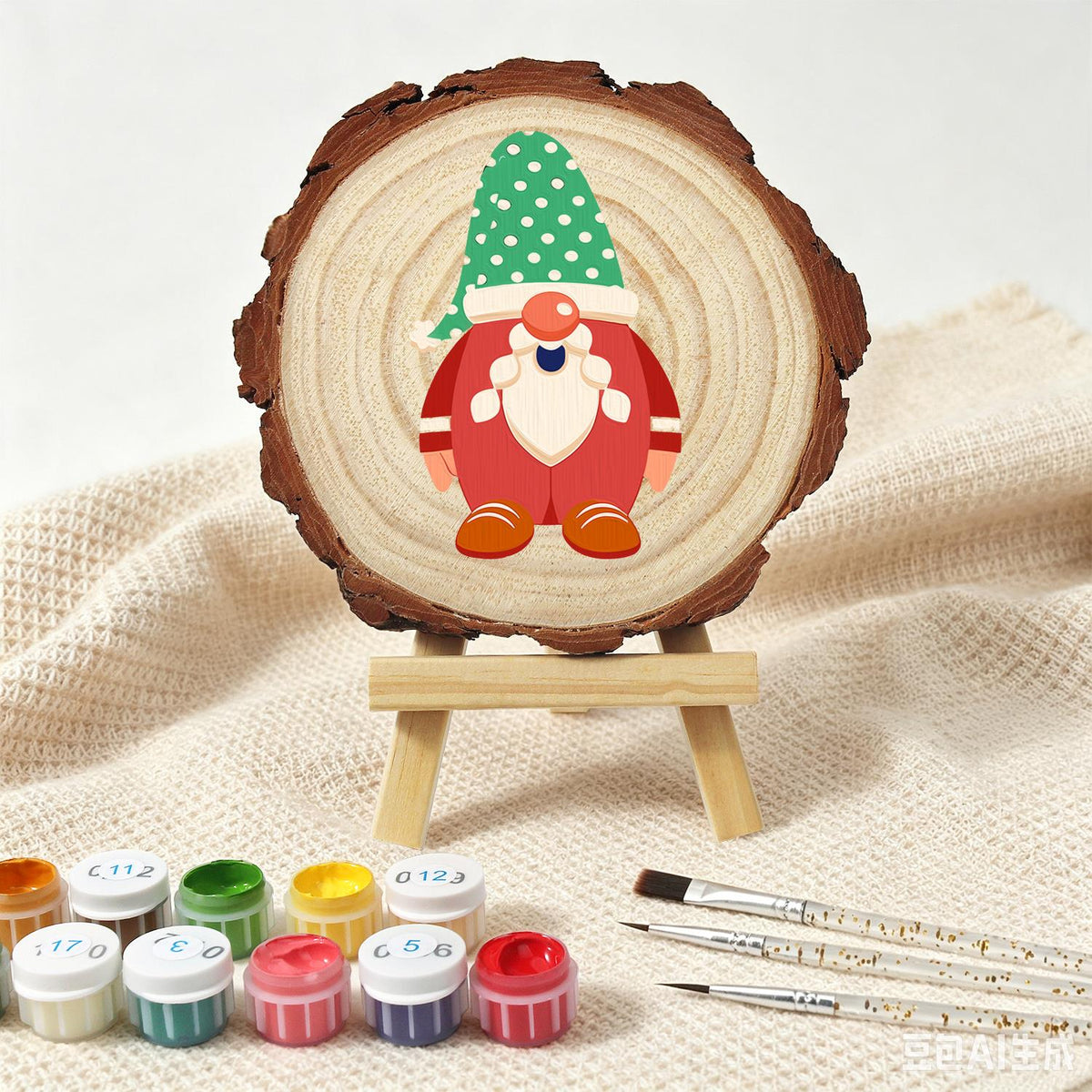 Gnome in a Green Polka-Dot Hat paint by numbers wood slice – image 4