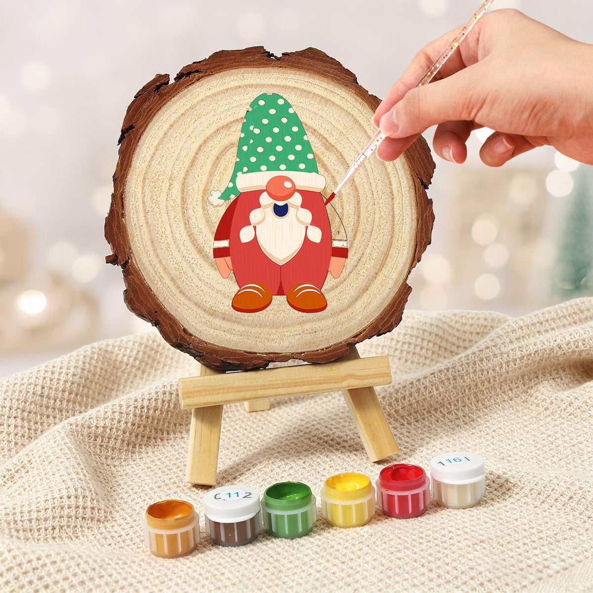 Gnome in a Green Polka-Dot Hat paint by numbers wood slice – image 5