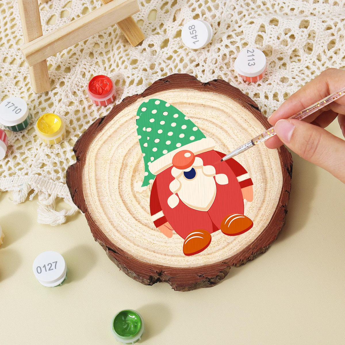 Gnome in a Green Polka-Dot Hat paint by numbers wood slice – image 15