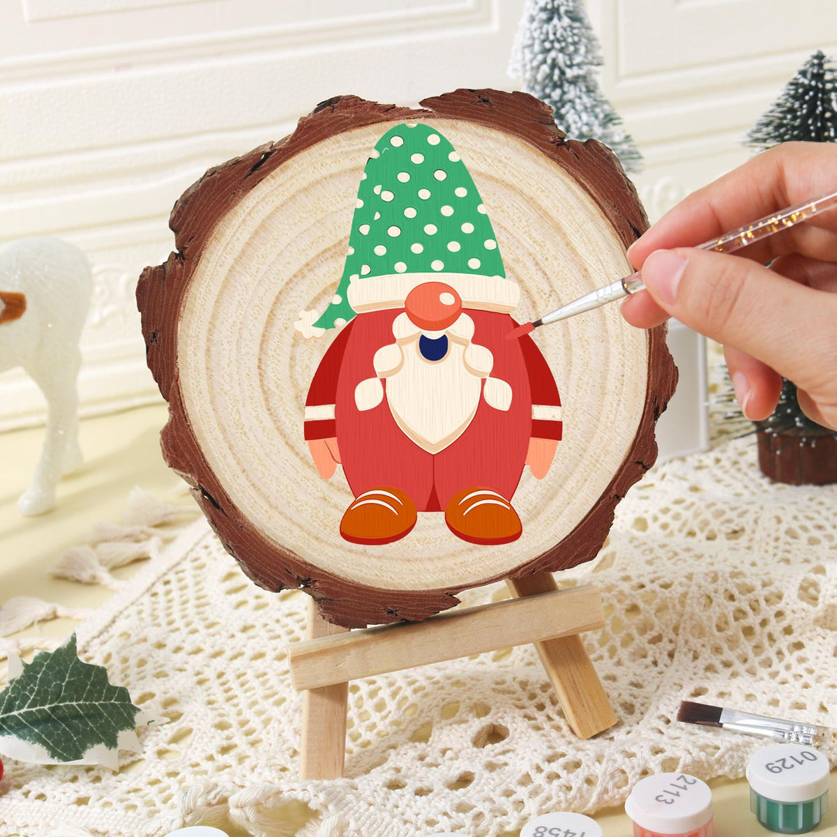 Gnome in a Green Polka-Dot Hat paint by numbers wood slice – image 16
