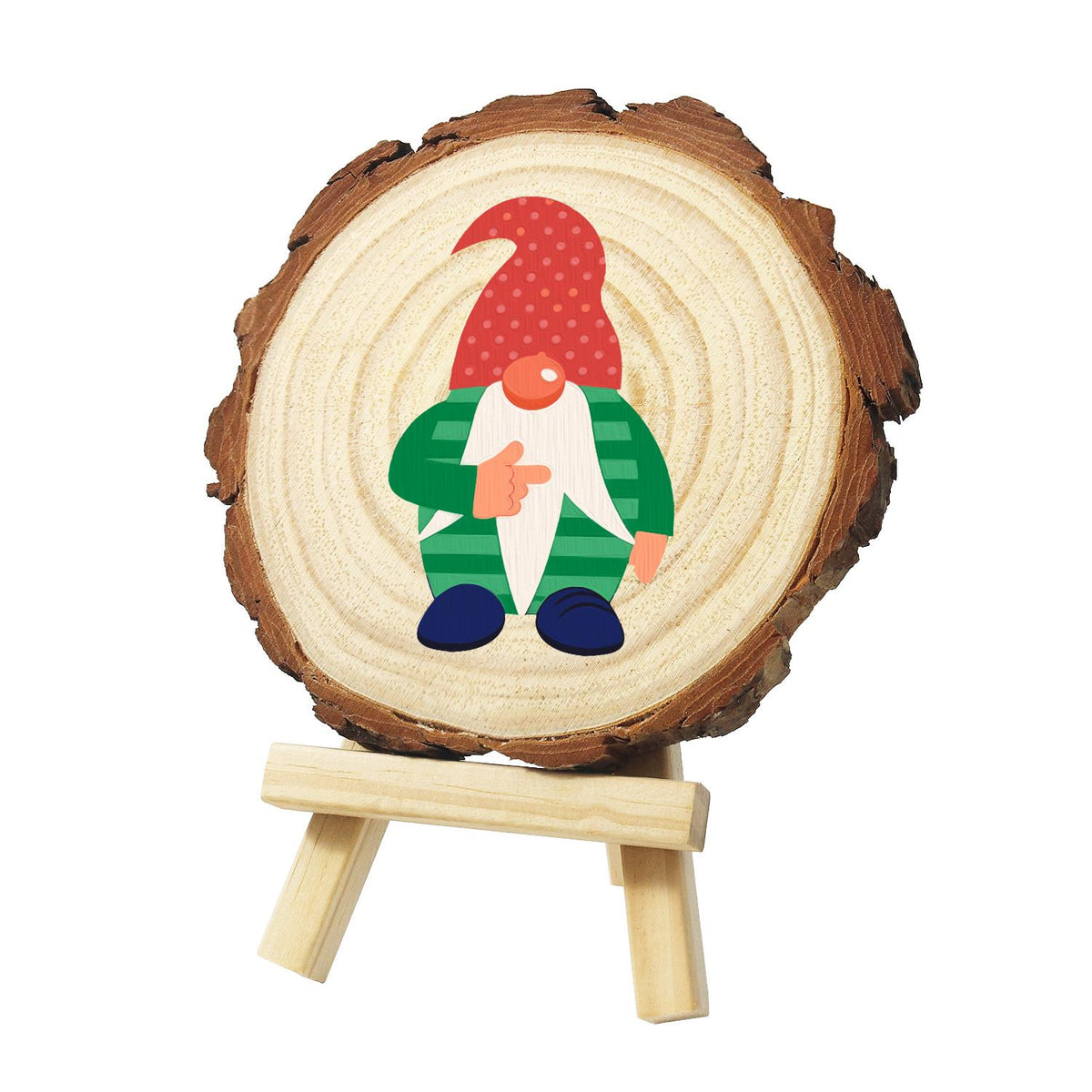 Gnome in a Green Striped Sweater paint by numbers wood slice – Gnome in a tall red spotted hat and green striped sweater, pointing with one hand, navy boots, painted on a pine slice on a small easel