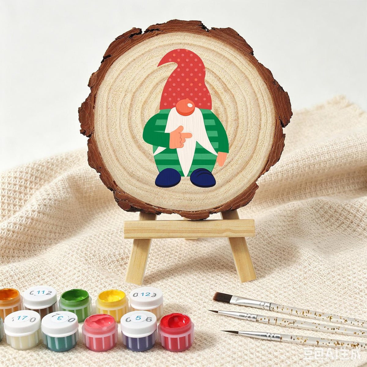 Gnome in a Green Striped Sweater paint by numbers wood slice – image 4