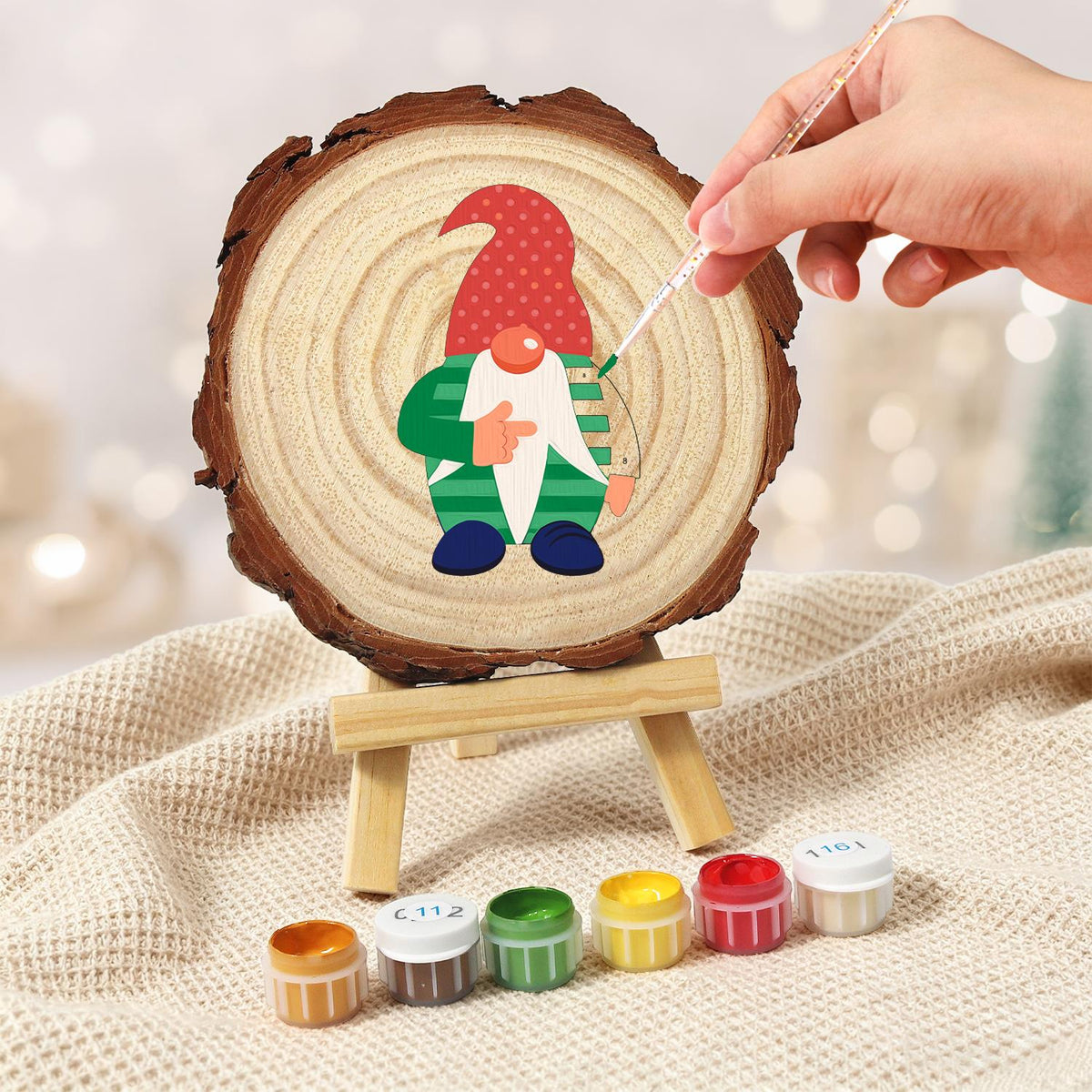 Gnome in a Green Striped Sweater paint by numbers wood slice – image 5