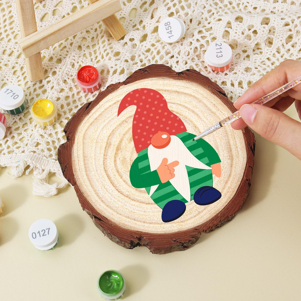 Gnome in a Green Striped Sweater paint by numbers wood slice – image 15