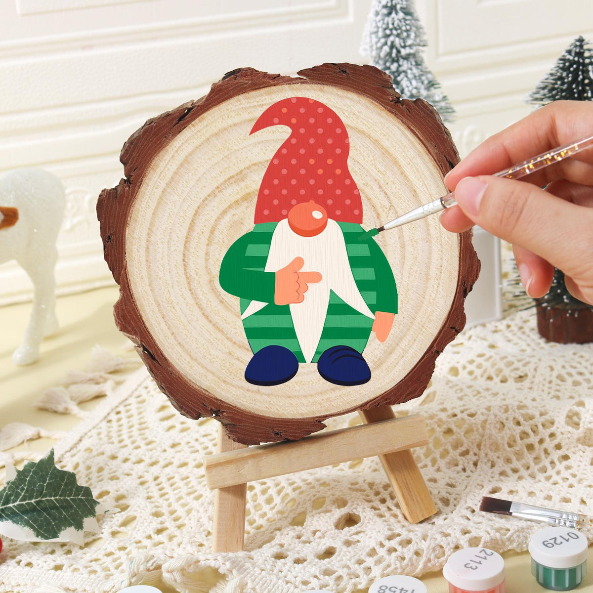 Gnome in a Green Striped Sweater paint by numbers wood slice – image 16