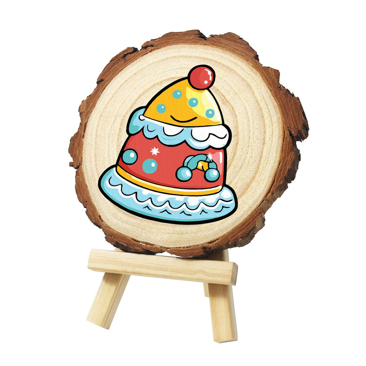 Smiling Party-Hat Cake paint by numbers wood slice – Red domed cake with white icing and blue dots on a pale blue plate, topped by a smiling yellow party hat, painted on a pine slice on a small easel