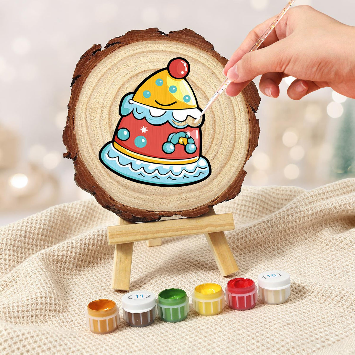 Smiling Party-Hat Cake paint by numbers wood slice – image 5