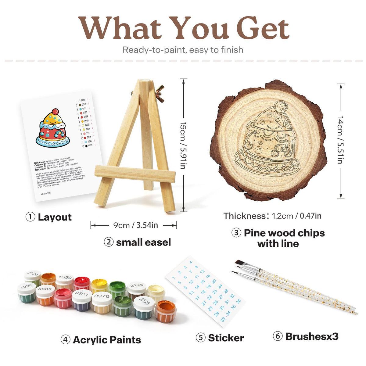 Smiling Party-Hat Cake paint by numbers wood slice – what's in the kit: the pine slice, easel, numbered paints, brushes and layout sheet