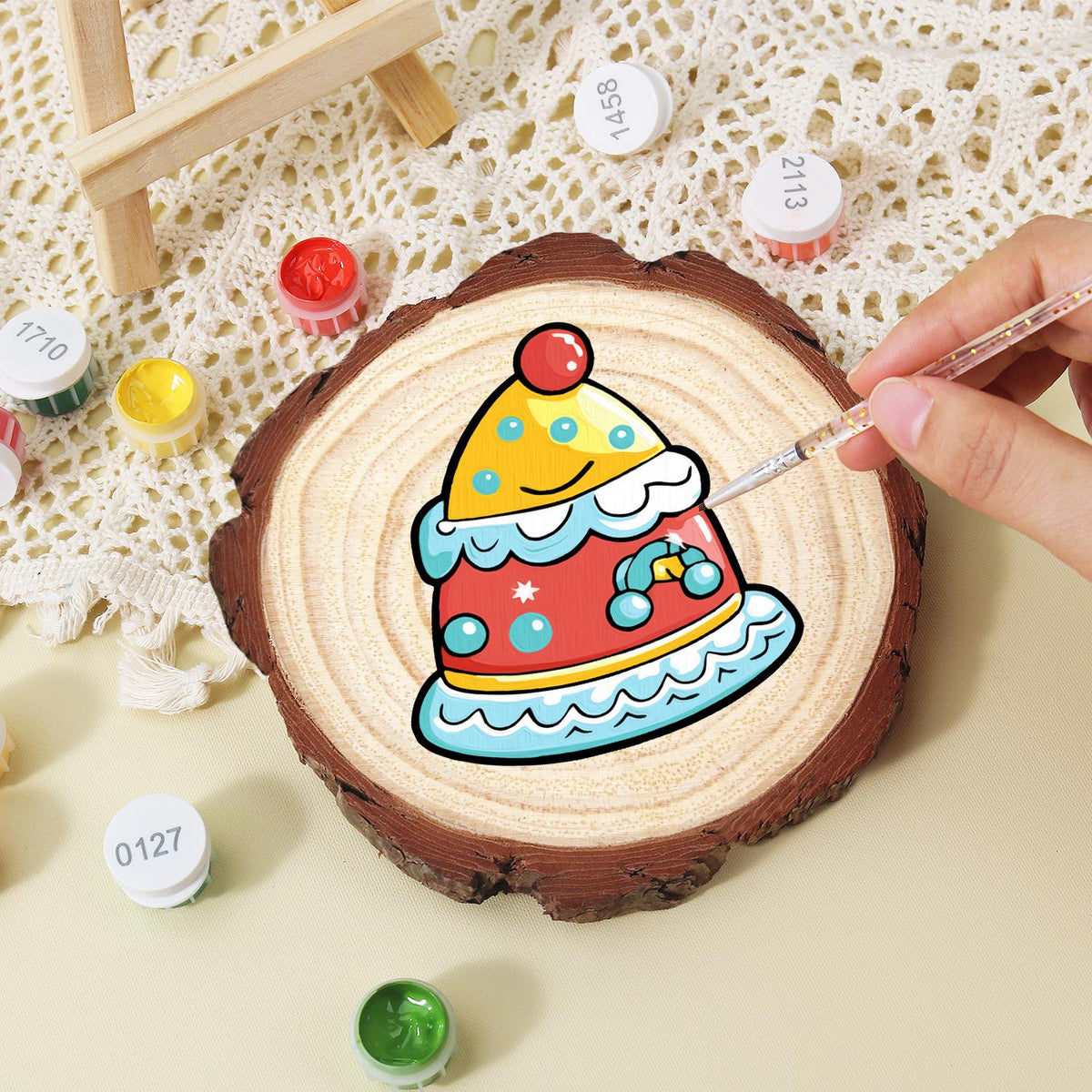 Smiling Party-Hat Cake paint by numbers wood slice – image 15