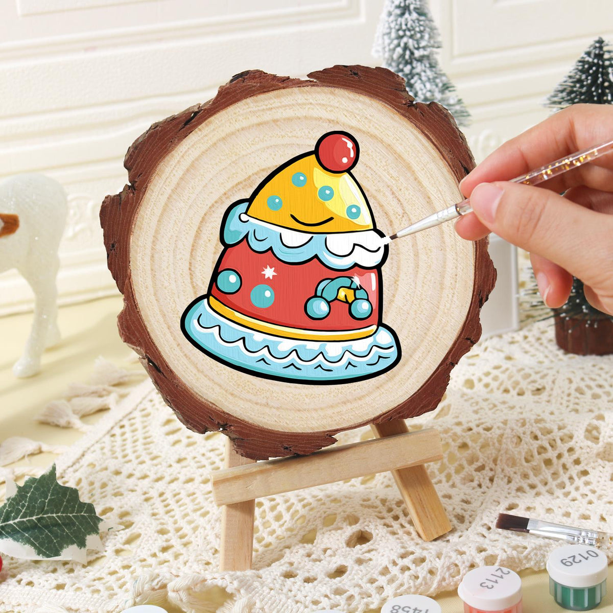 Smiling Party-Hat Cake paint by numbers wood slice – image 16