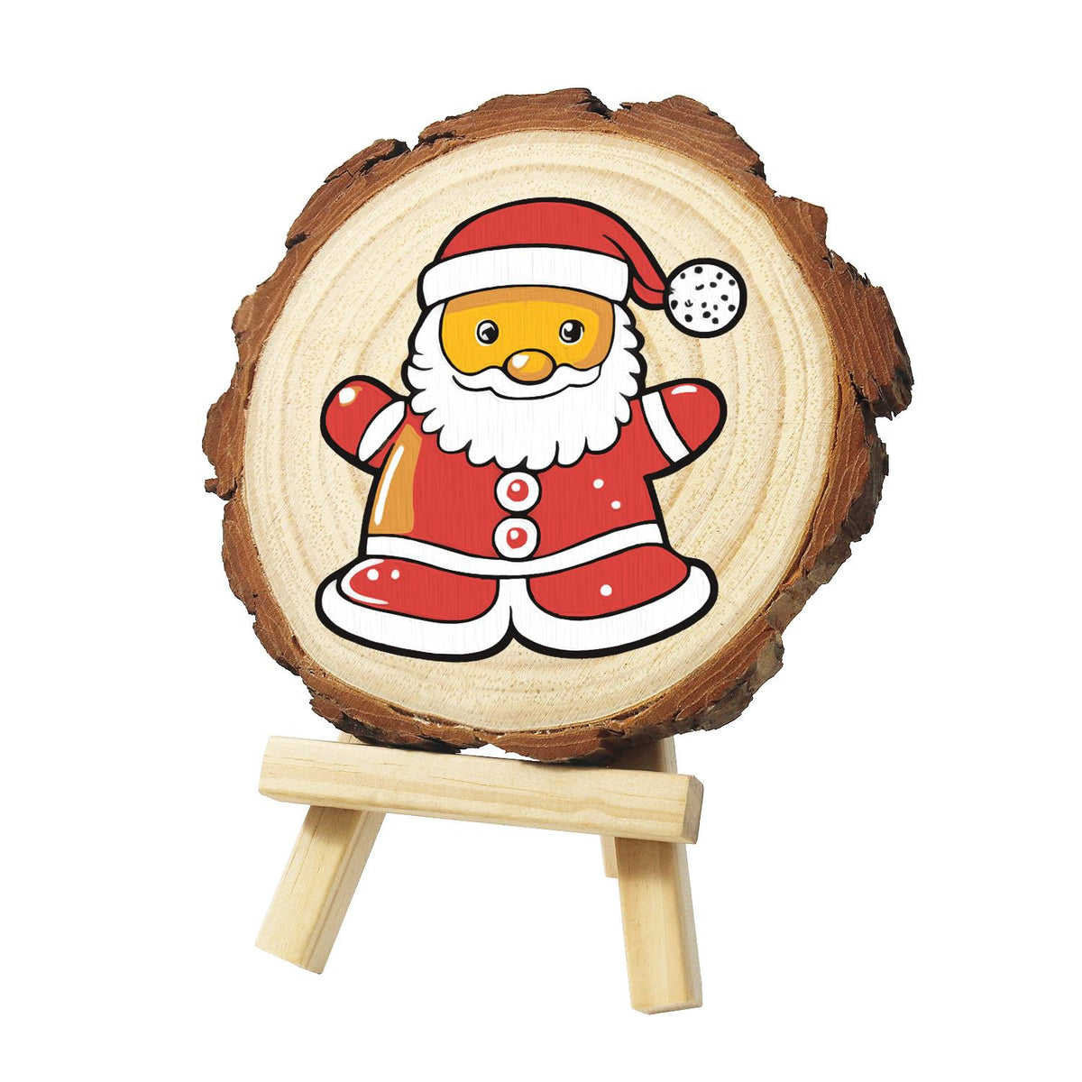 Santa Ready for a Hug paint by numbers wood slice – Santa Claus with a fluffy white beard and red suit with white buttons, holding his arms out wide, painted on a pine slice on a small easel